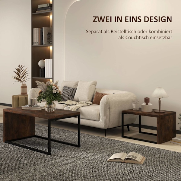 Rootz -uppsättning av 2 soffbord - soffbord - sidobord - Modern stil - MDF & metall - 90 x 48 x 42 cm / 59 x 42 x 36 cm - svart + brun