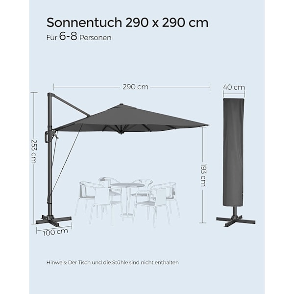 Rootz Parasol Cantilever paraply - Grå solskydd - Utomhustak - 360° rotation - 4 vinklar justering - UPF 50+ - Vattenavvisande - 200g/m² polyester - 3
