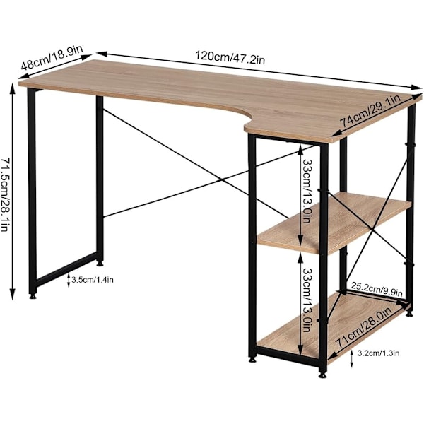 Rootz L-formet hjørneskrivebord - Kontorbord - Spillebord - Rigelig arbejdsplads - Integreret opbevaring - Robust konstruktion - 120 cm x 71,5 cm x 74