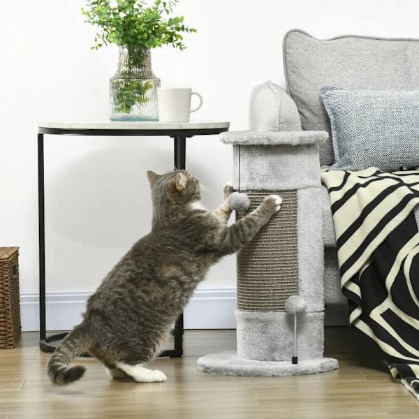 Rootz Cat-skrapstolpe - Inklusive 2 bollar - Täckt plysch - Lekbollar - Mjuk plysch - Spånskiva - Hörnväggar - Grå - 34L x 25,5W x 58H cm
