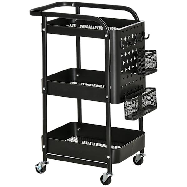 Rootz 3 Tier Metal Servering Trolley - Kitchen Cart - Utility Trolley - 2 Bestikstativ - 51,5L x 32W x 75,6h cm - Sort