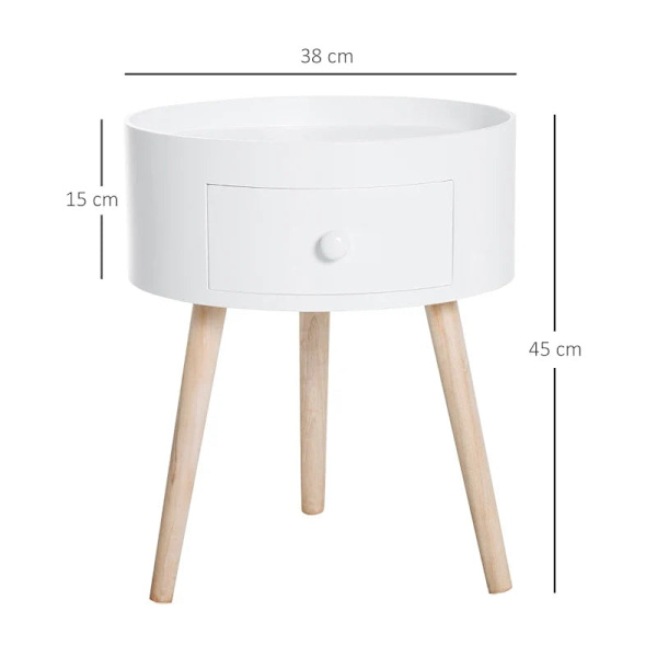 Rootz Sofabord Med Skuffe - Sidebord - Rundt - Scandi Design - Beskyttelseskant - Træ - Hvid - Ø38 x H45 cm