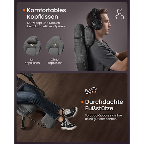 Rootz höjdjusterbar spelstol - Gamer Recliner - Ergonomisk säte - Footrest & Pillow - 70x70x (119-129) cm - grå