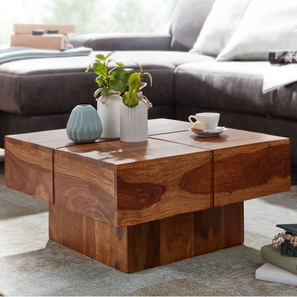 Rootz sohvapöytä 57,5x57,5x30 cm massiivi sheesham-puinen sohvapöytä neliö - Design olohuoneen sohvapöytä kiinteä - Pieni pöytä olohuone moderni