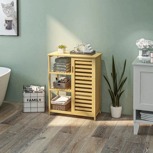 Rootz badeværelsesskab - 3 hylder - Luftcirkulation - 1 skab - Anti-tip design - Lameldøre - Bambus - Naturligt træ - 66L x 33W x 87H cm