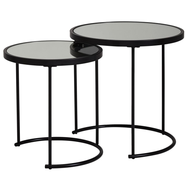 Rootz design sidebord rundt Ø 50-42 cm - 2 stk sort med spejlglas - Stuebord sæt af 2 - Nesting bord spejl sofabord
