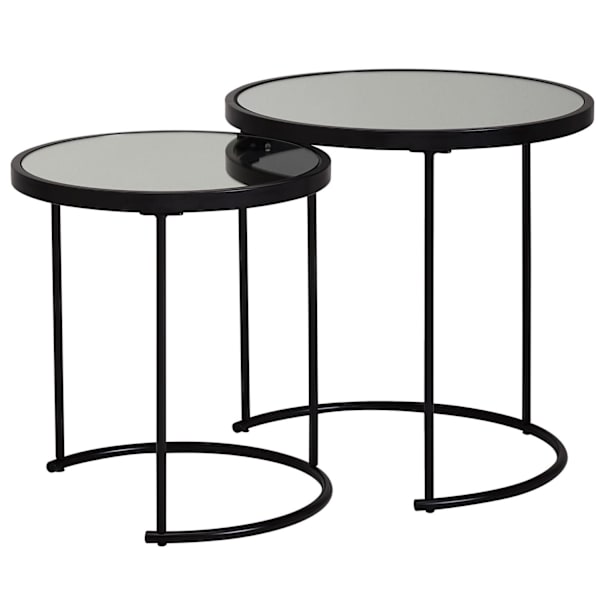 Rootz design sidobord runt Ø 50-42 cm - 2 st svart med spegelglas - Vardagsbord set om 2 - Nesting bord spegelvänt soffbord