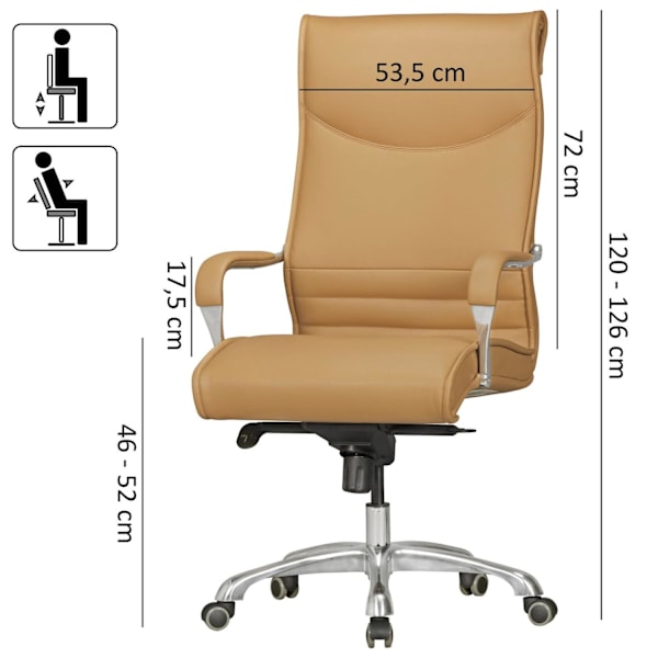Rootz kontorsstolsöverdrag läderimitation karamell design skrivbordsstol X-XL 150kg chefsstol höjdjusterbar snurrstol ergonomisk med armstöd stoppade