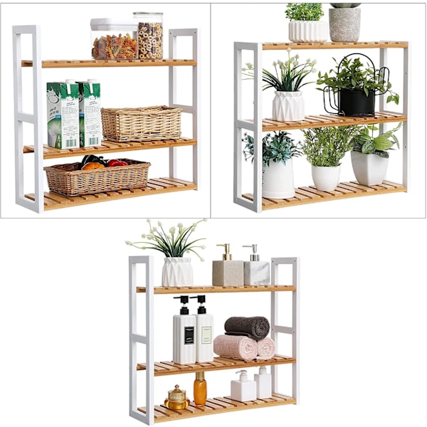 Rootz-seinähylly - Bambu - Korkeussäädettävä - 3 kerrosta - Seinäasennus - Kirjahylly - Beige - Valkoinen - 60 x 15 x 54 cm