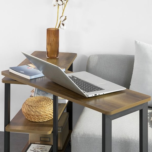 Rootz L-format sidobord - Soffbord - Hörnskrivbord - Industriell design - Flexibel och mobil med låsbara hjul - Metallram av hög kvalitet - 133cm x 69
