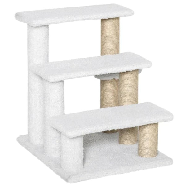 Rootz Pet Trappor - Skrapstolpe - Trappa - Katttrappa - Hundtrappa - Djurtrappa - Spånskiva/Jute/Plysch - Vit - 45 x 40 x 48 cm