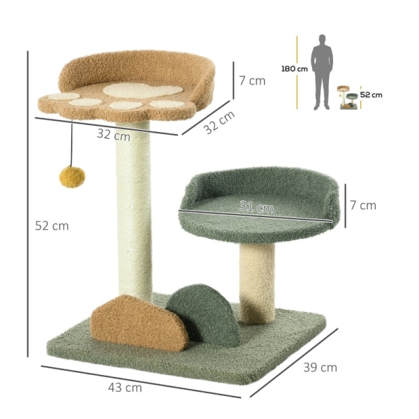 Rootz PawHut Liten skrapstolpe - Cat Scratcher - Feline Play Tower - Ultimate Comfort - Dubbelsängar - Bollleksaker - 43W x 39D x 52H cm
