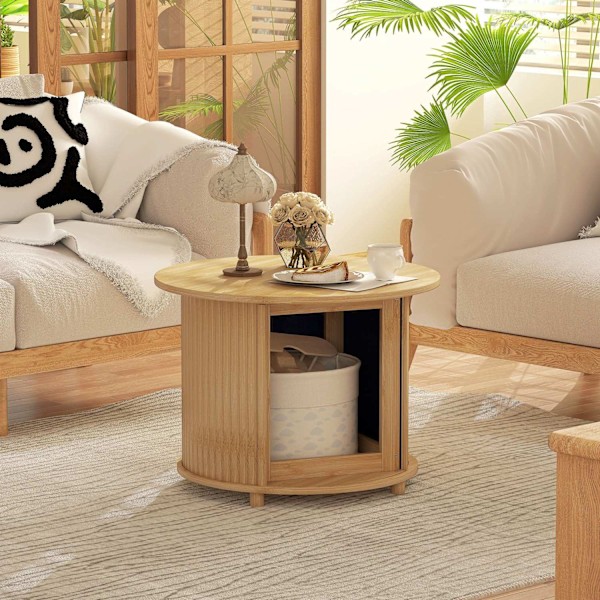 Rootz Round Side Table - Kaffe Round Table - Bambu Sofa Table - Dold förvaring, skjutdörr - Ø60 x 45 cm, har 20 kg