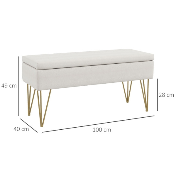 Rootz Sengebænk med opbevaringsplads - Soveværelsesbænk - Ottoman - Cremestof - Guld hårnåleben - 100 cm x 40 cm x 49 cm