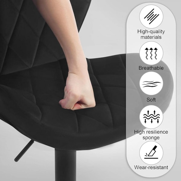 Rootz Velvet Barstol - Drejestol - Justerbar højde - 360° drejelig - Ergonomisk design - Mørkegrå/sort - 47cm x (89-109,5cm) x 54cm