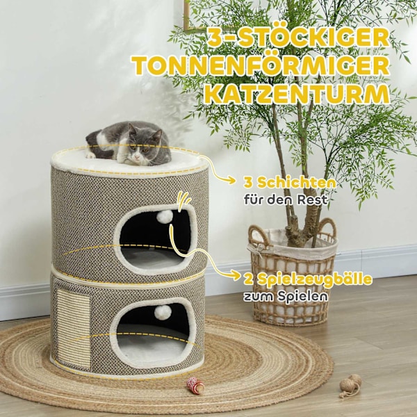 Rootz 3 Tier Cat Barrel With Cushion - Cat House - Cat Tower - Förbättra komforten - Ø51cm x 69 cm, brunvit