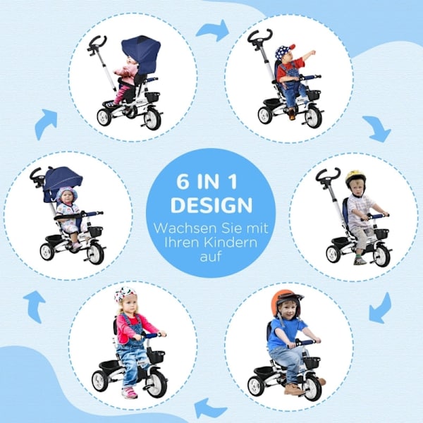 Rootz 6-i-1 trehjuling för barn - Trike för barn - Småbarnscykel - Push Bar - Solskydd - Reflexremsor - 112 cm x 50 cm x 104 cm - Mörkblå