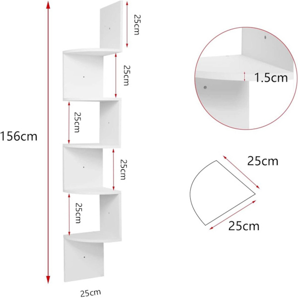 Rootz PVC -kulmahylly - 5-kerroksinen säilytystila - Kelluva hylly - Kirjahylly - Laadukas MDF - 25cm x 156cm x 25cm