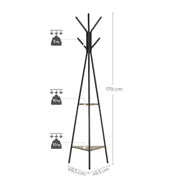 Rootz Tree Coat Stand - Knagerække - Tøjorganisering - Spånplader og stål - 49,5 cm x 49,5 cm x 179 cm - Greige Black - 3,3 kg - Nem montering