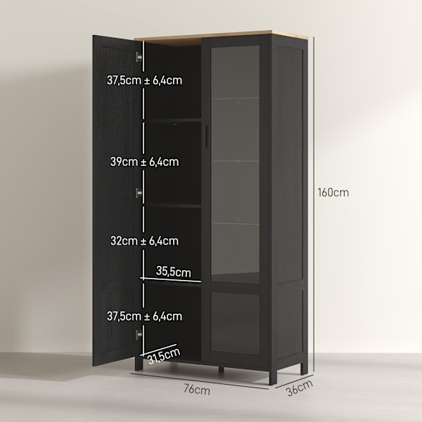 Rootz -keittiön buffet -näyttökaappi - moderni säilytyskaappi - korkeuden säädettävät hyllyt - 76x36x160cm