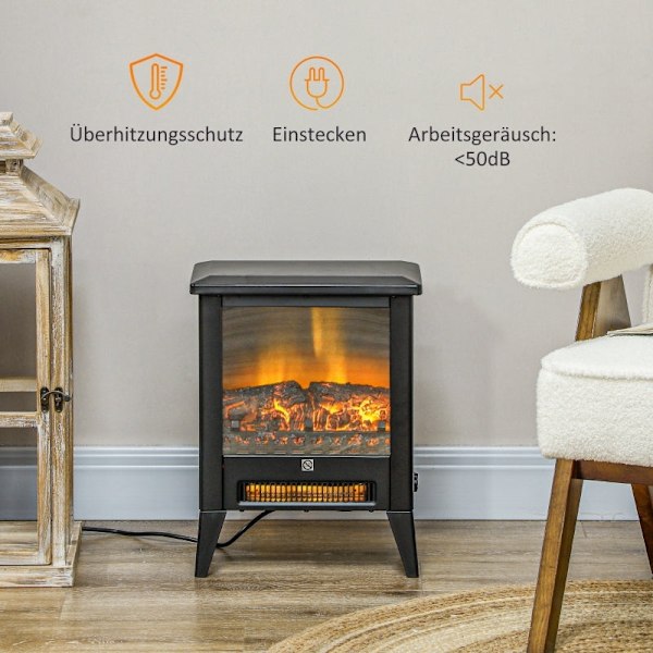 Rootz elektrisk pejs - LED pejs - Varmeovn - Realistisk flamme - Justerbar temperatur - Overophedningsbeskyttelse - 36cm x 21cm x 47cm