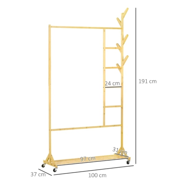 Rootz Tøjstativ - Lavet af Bambus - Knage - Tøjstativ - Buksestativ - 1 hylde - 4 Hjul - Naturlig - 100L x 37W x 191H cm