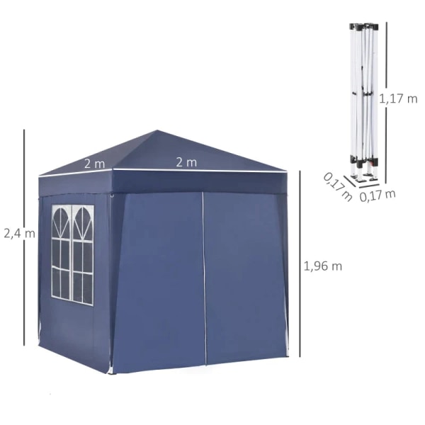 Rootz Foldepavillon - Hurtig montering - 4 sidevægge - 2 store vinduer - Stålramme - Blå - 2 x 2 x 2,4 m