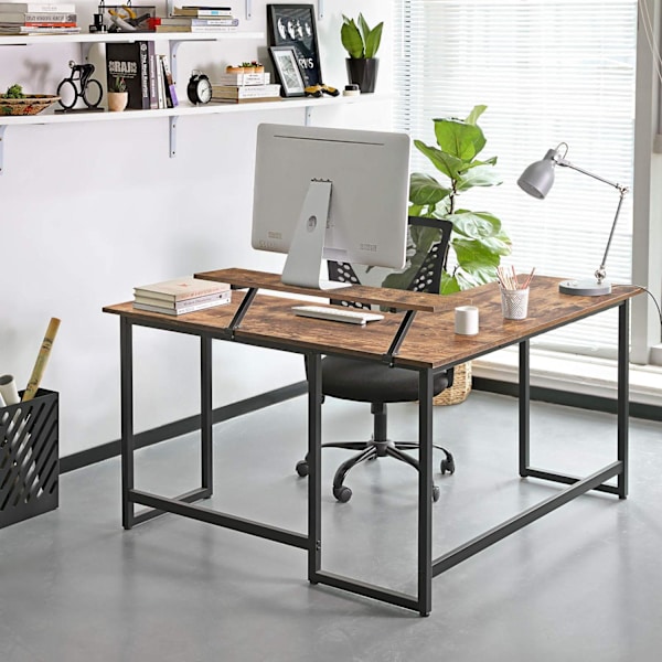 Rootz L-formet skrivebord med skærmstativ til at studere, spille, arbejde - Justerbare ben - Metalramme - Rustik brun - (140 x 130 x 76/91,5 cm)