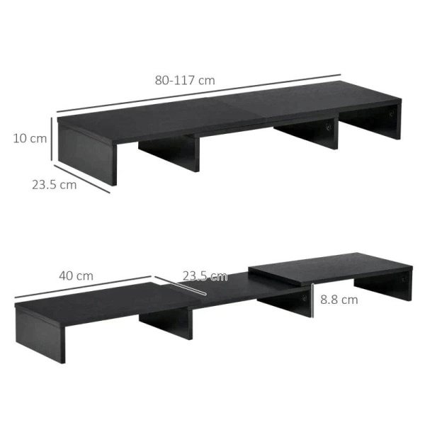 Rootz Monitor Stativ - 3 hyllor - Längd Vinkel Justerbar - Dubbelskärm Stativ - Trähylla - Bildskärmshållare för dator - Svart - 80-117 x 23,5 x 10 cm