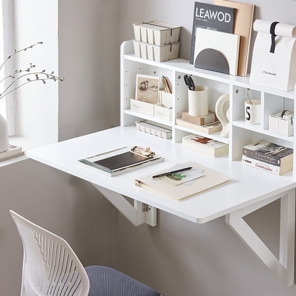 Rootz vægmonteret klapbord - Spisebord - Skab med hylder - Justerbar opbevaring - Pladsbesparende design - Nem montering - Hvid - 90cm x 78cm x 60cm
