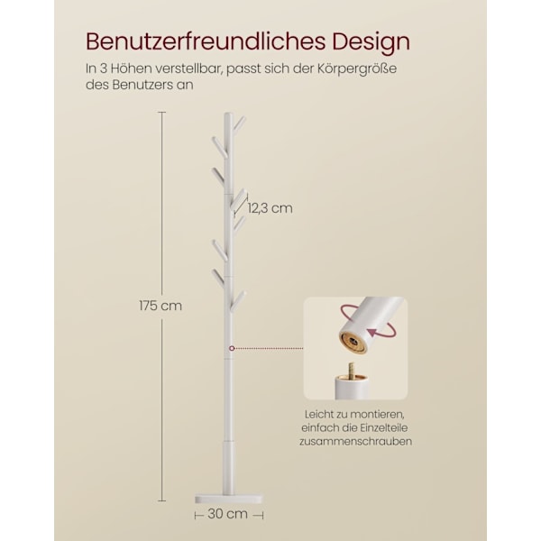 Rootz Rubber Wood Coat Stand - Cappuccino Dye - Garderobe Stand - Holdbar bøjle - 30x30x175 cm