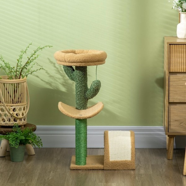 Rootz Cactus Design Cat Tree - Kradsestolpe - Klatrekattetræ - Sisal-indpakket stolper - Spånpladebase - Teddy Velour - 40cm x 35cm x 72cm