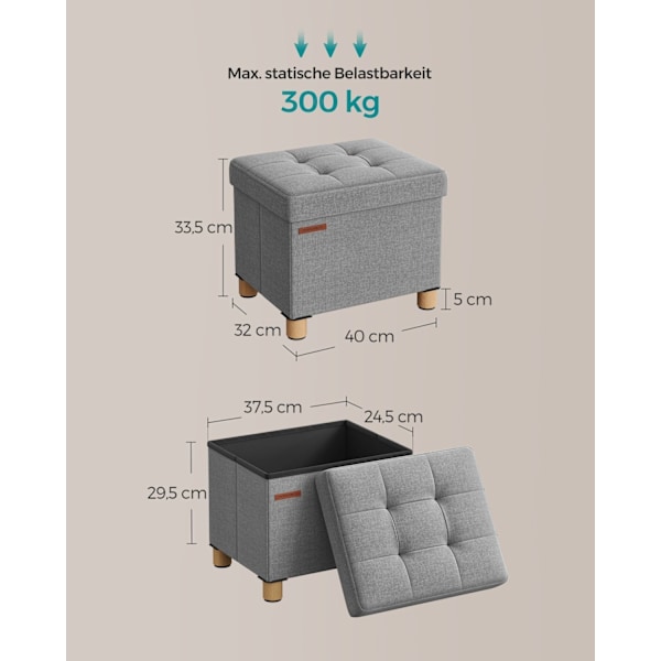 Rootz sæde kisteopbevaring Ottoman - Duegrå - MDF - Imiteret linned - 25D skum - 32 cm x 40 cm x 33,5 cm - 32L Kapacitet