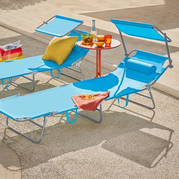 Rootz justerbar solseng med baldakin - Haveseng - Sammenklappelig strandstol - Holdbart metalstel - Syntetisk fiberstof - Opbevaringslomme - 195 cm x