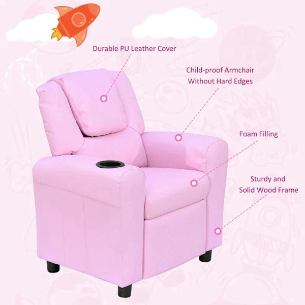 Rootz Barnfåtölj - Minifåtölj - Barnsoffa - Liggfåtölj - Liggfunktion - Inbyggd mugghållare - Rosa - 62 x 52 x 69 cm
