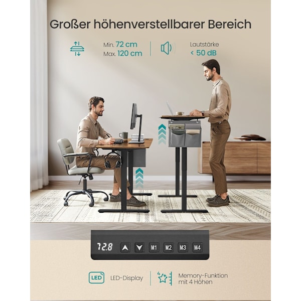 Rootz elektriskt stående skrivbord - Justerbart skrivbord - Sit Stand-skrivbord - Utrymmesbesparande design - 60cm x 140cm x (72-120)cm - Spånskiva oc