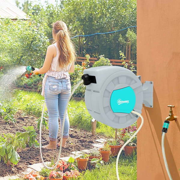 Rootz Garden Slanghållare - Slangrulle - Väggmontering - Bekväm vattning - 50 cm x 23 cm x 45 cm - 30 m slang, 7 spraymönster, 180 ° roterande