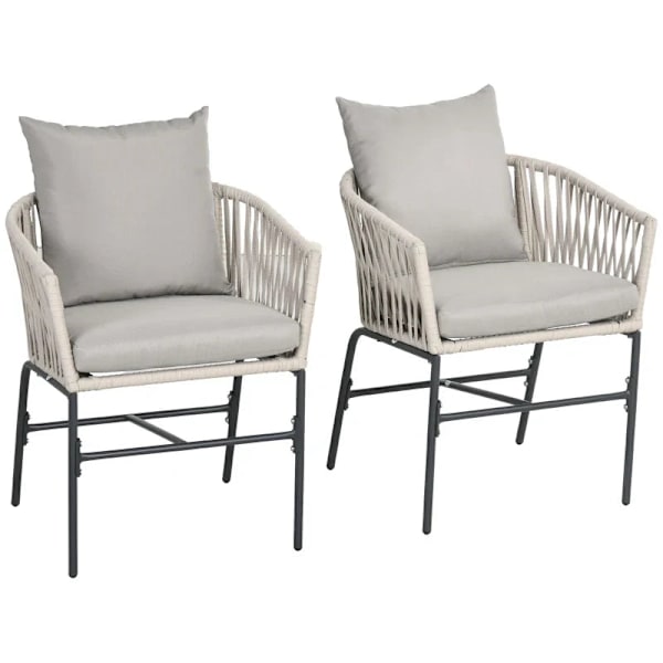 Rootz Havestol - Terrassestol - Sæt med 2 Boho Style - Komfortabel sædeskal - Sædepuder - Vaskbart betræk - Metalstel - Grå + Beige - 57 cm x 60 cm x