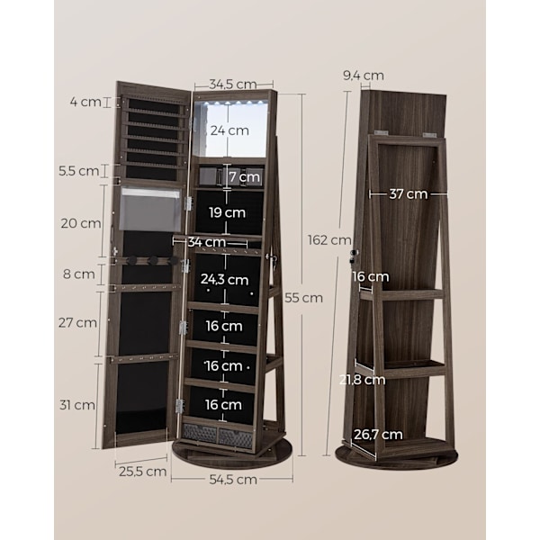 Rootz Smyckesskåp - Armoire - Organizer - Fullängdsspegel - 3 hyllor - 40cm x 36cm x 140cm