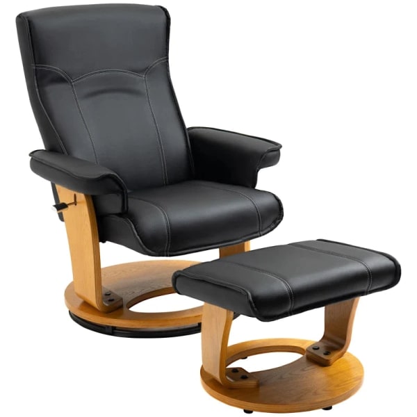 Rootz Relax Stol med fodskammel - TV-stol - Hvilestol - Justerbar ryglæn - 360° drejelig - Sort + Brun - 76L x 77W x 105H cm