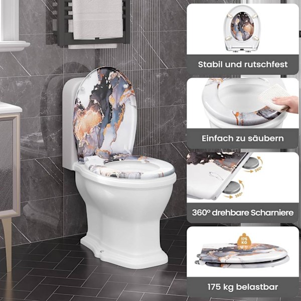 Rootz O-formad termosad toalettsits - Soft Close - Quick Release - Rostfritt stål Gångjärn - 37 cm x 47,5 cm - Antracit trämönster
