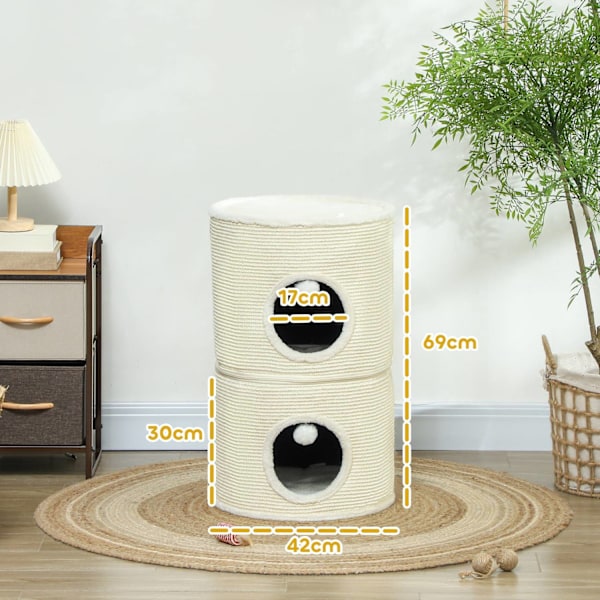 Rootz 3 Tier Cat Scratching Barrel - Cat Tower - Indoor Cat House - Sisal Cover skyddar möbler - Ø42 x 69H cm - Grå