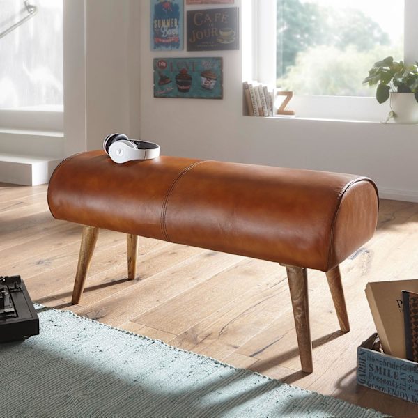 Rootz bænk ægte læder - massivt træ bænk 100x53x40 cm - 2-personers polstret bænk hall springbok brun - Lille læder sengebænk Hall møbler hall bænk