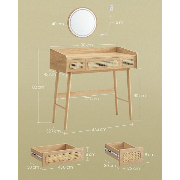 Rootz peilipöytä - Meikkipöytä - Meikkipöytä - LED-valaistus - 43cm x 90cm x 82cm - Massiivipuujalat - MDF - Lastulevy