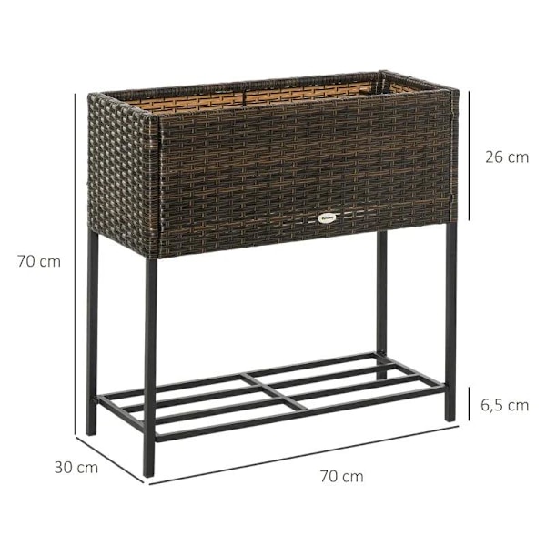 Rootz Højbed - Blomsterkasse - Rattan Højbed Med Hylde - Metal - Brun - 70 x 30 x 72 cm