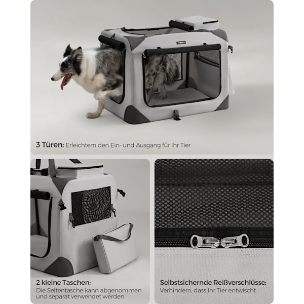 Rootz XL Portable Dog Crate - Smoke Grey Pet Carrier - Folding Kennel - Säker metallram - 600D Oxford-tyg - 81cm x 58cm x 58cm