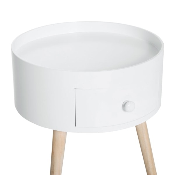 Rootz Sofabord Med Skuffe - Sidebord - Rundt - Scandi Design - Beskyttelseskant - Træ - Hvid - Ø38 x H45 cm