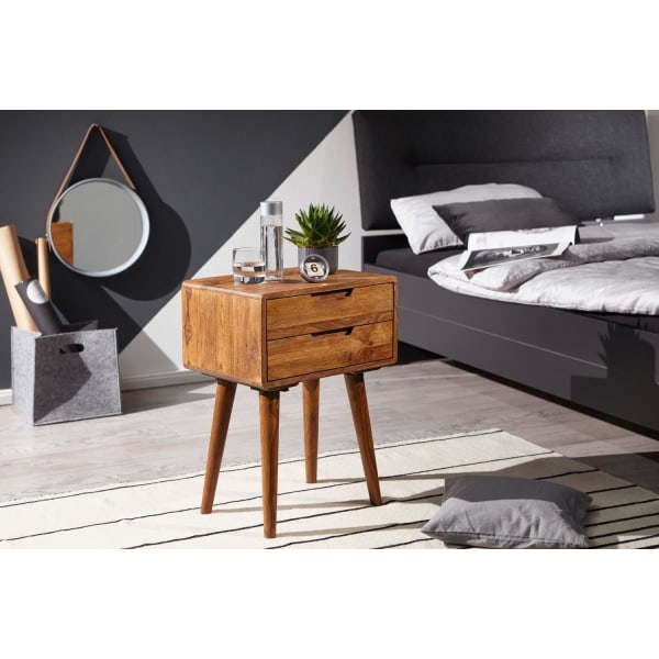 Rootz 47 x 66 x 36 cm Sheesham Bedside Boxspringseng - Natbord 2 skuffer i landlig stil - Natbord seng massiv træseng - Natbord Moderne natboks Brun