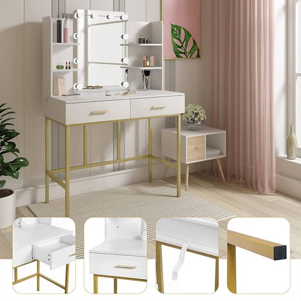Rootz Toiletbord med spejl - Sminkebord - Makeup skrivebord - Rigelig opbevaring - Justerbar LED-belysning - Holdbar konstruktion - 45 cm x 136 cm x 9