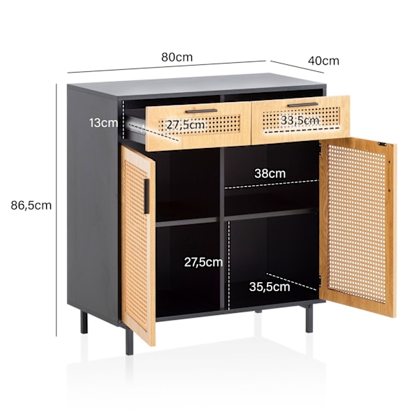 Rootz skænk 80 cm - Sort kommode - Wienervævet design - Stilfuld opbevaringsløsning - Holdbar og rummelig - 80 cm x 86,5 cm x 40 cm